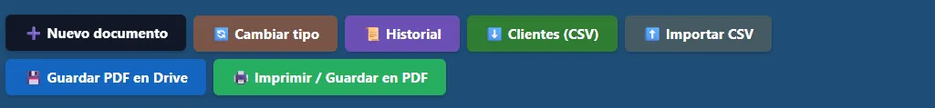 Botones de acciones de Agiliza: guardar PDF en Drive, imprimir, historial y CSV