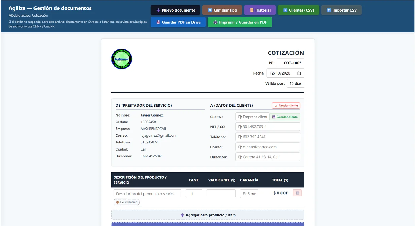 Formulario de cotización con vista previa en PDF