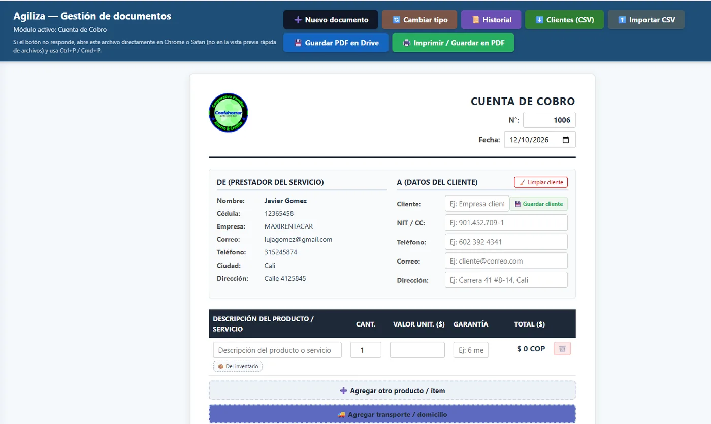 Formulario de cuenta de cobro con vista previa