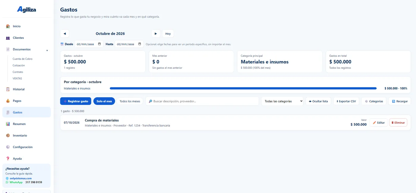 Módulo de gastos con desglose por categoría