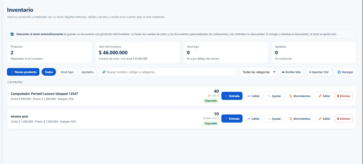 Módulo de inventario con alertas de stock bajo