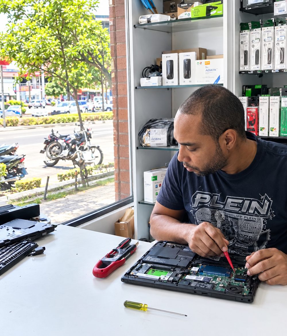Técnico de OnlySistemas reparando un portátil en su tienda